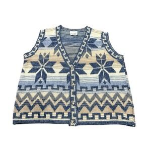 Vtg 80s Denim Republic Womens Sweater‎ Vest Snowflake USA Medium Blue Tan